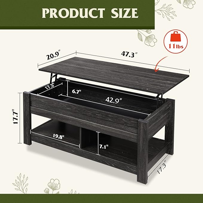WLIVE Coffee Table, 47" Lift Top Coffee Table with Hidden Compartment and 2 Storage Shelves for Living Room, Black Oak