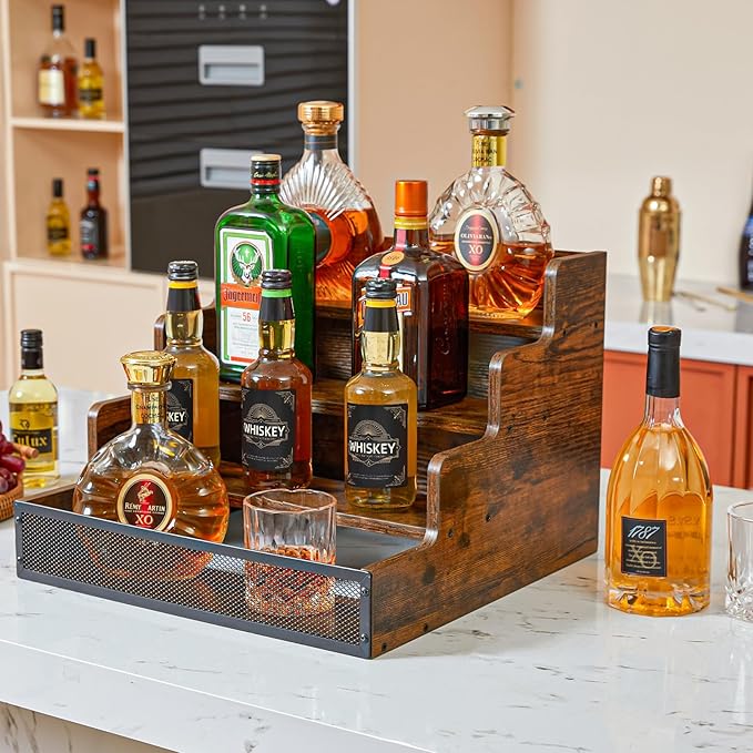 Yuzehuaza 4 Step Countertop Liquor Bottle Display Shelf, Wood Bar Shelves 16 Bottles with Fences, Freestanding Storage Shelves for Liquor Whiskey Wine Coffee Syrup Display, Retro Wine Rack Home