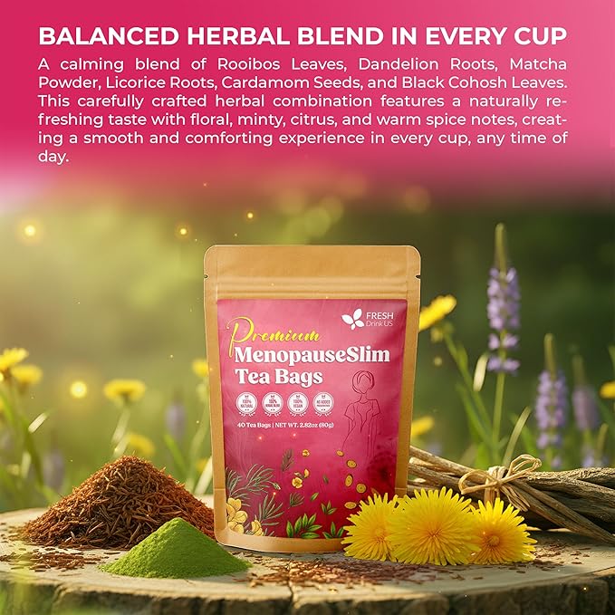 FreshDrinkUS, MenopauseSlim 40 Tea Bags – Herbal Blend with Rooibos, Dandelion Root, Matcha, Licorice, Cardamom & Black Cohosh – Smooth, Earthy Flavor – Premium Quality, Naturally Caffeine-Free Tea