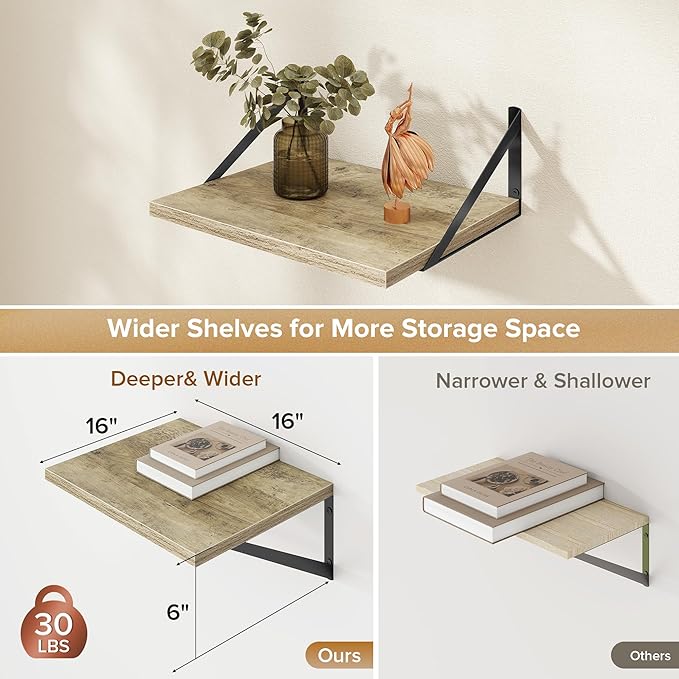 Deep Floating Shelves Wall Mounted, 16"x12" Gray Wall Shelves with Brackets Set of 2 for Bedroom, Living Room, Bathroom, Kitchen, Office - Storage & Display Shelf for Decor, Books, Plants