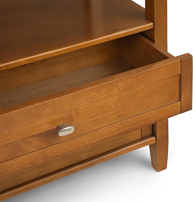 SIMPLIHOME Warm Shaker Wide Console Table - 60 Inch Wide Solid Wood Sofa Table in Light Golden Brown, Transitional Storage Table for Living Room with 4 Drawers, Open Shelf, and Brushed Nickel Knobs