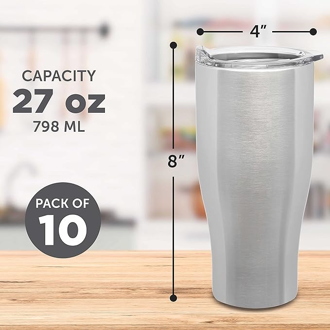 DISCOUNT PROMOS Stainless Steel Grip Travel Mugs 27 oz. Set of 10, Bulk Pack - Perfect for Coffee, Soda, Other Hot & Cold Beverages - Silver