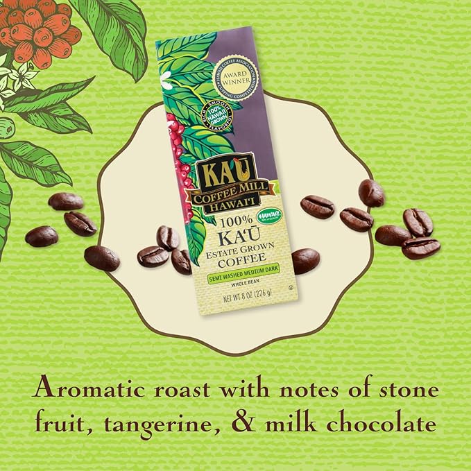 Ka'u Coffee Mill Semi Washed Medium Dark Roast Whole Bean Coffee - Stone Fruit, Citrus, & Milk Chocolate Notes - Handpicked & Semi-Washed Hawaii Grown Arabica Beans - Gourmet Small Batch - 8oz