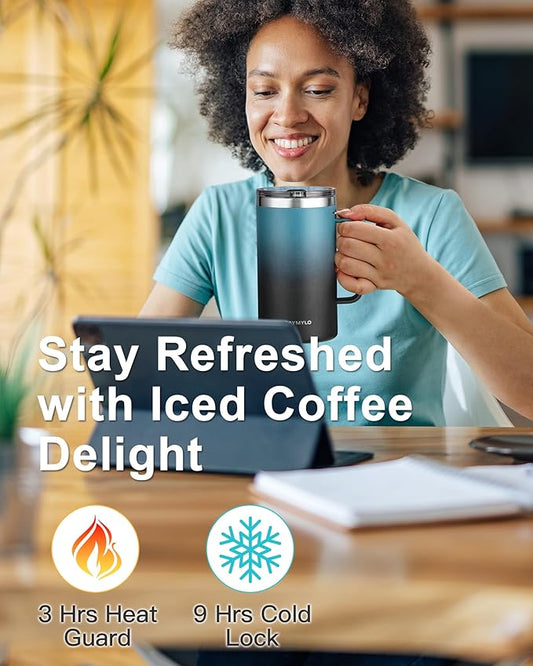Insulated Coffee Mug 24 oz, Double Wall Stainless Steel Coffee Mug with Lids, Leak-Proof & Detachable Slider Lid for Thorough Clean, Keeps Coffee Cold for 9 Hrs, Suitable for Camp Home Office