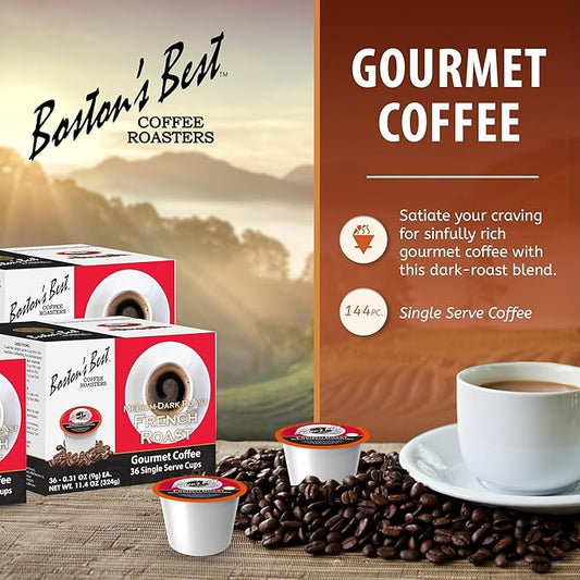 Boston’s Best - Rich & Bold French Roast Gourmet Coffee, Delectable Dark Roast Compatible with Keurig Coffee Maker - 144 Count (Pack of 1)