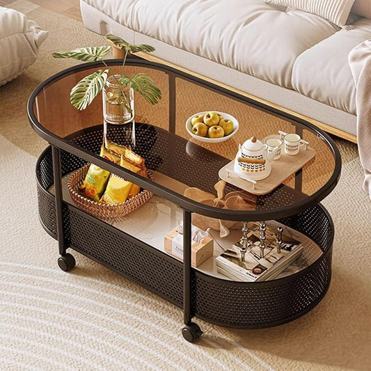 Side Table Glass Top Movable End Table Coffee Station Table, Metal Coffee Bar Stand Cart with Storage Coffee Table on Wheels,for Home Kitchen, Entryway, Living Room,Dining Room(Black,60cm)