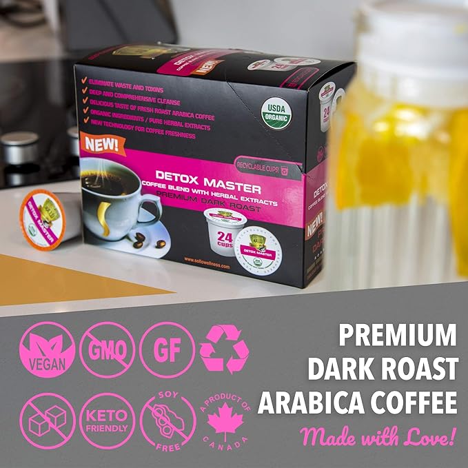 SOLLO Organic Detox Coffee Pods, Supports Diet & Metabolism with Herbal Extracts, Bold Dark Roast, Single Serve Pod, Compatible with Keurig K-Cup Brewers, 24 Ct