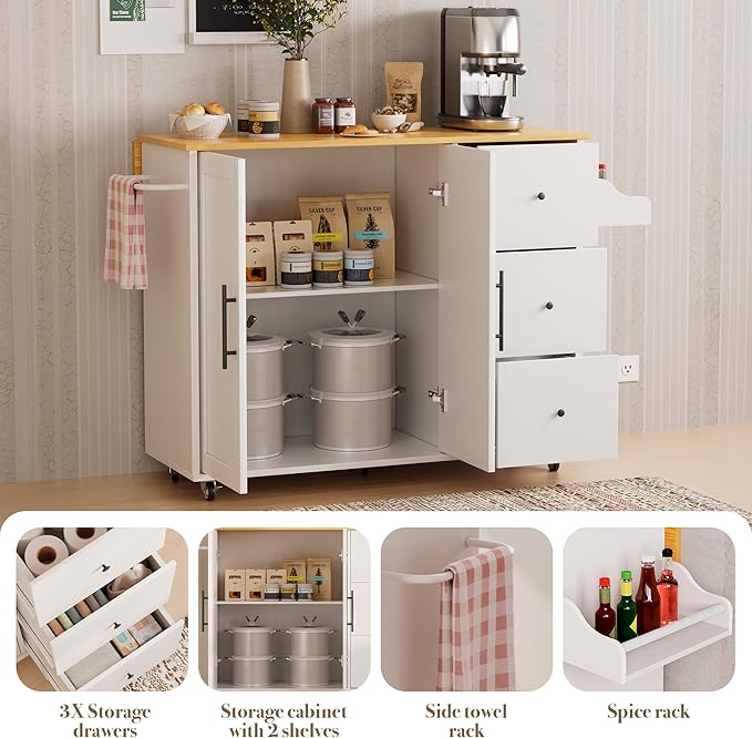 Kitchen Island on Wheels with Storage-Multifunctional Kitchen Island Cart with Drop Leaf, Rolling Island with Spice/Towel Rack,Expandable Island Table Kitchen,39.37" Width,White