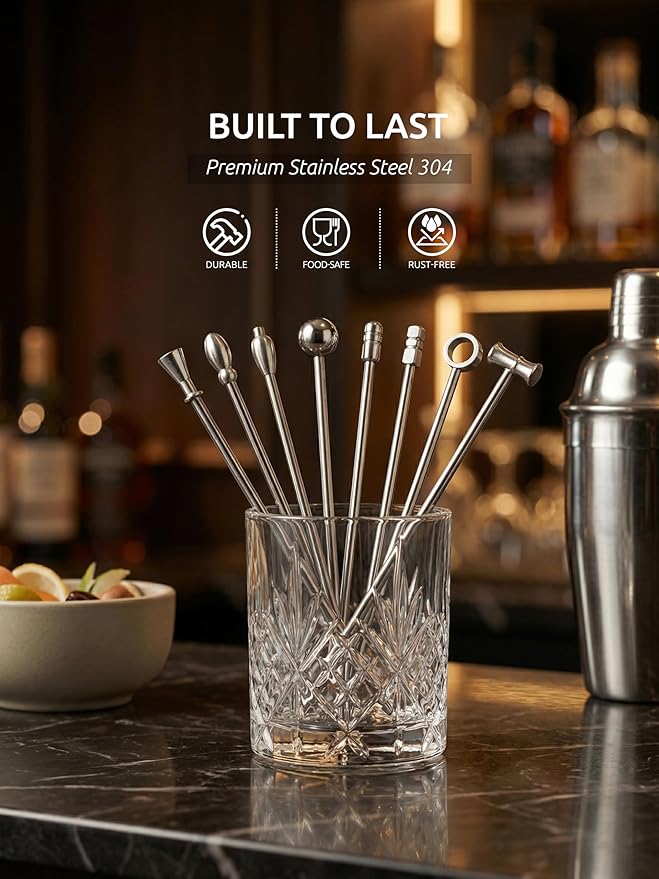 DEMIGO Cocktail Picks, 8 New Styles Stainless Steel Reusable Olive Stuffers Martini Picks set Fruit Toothpicks Garnish Skewers Appetizer Drink Stick for Bar party, Barbeque Snacks, Club sandwiches