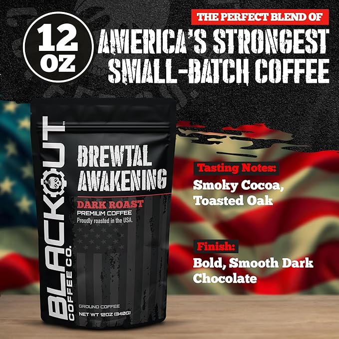 Blackout Coffee Brewtal Awakening Ground Coffee – Dark Roast, Bold Flavor – Freshly Roasted 12oz Bag