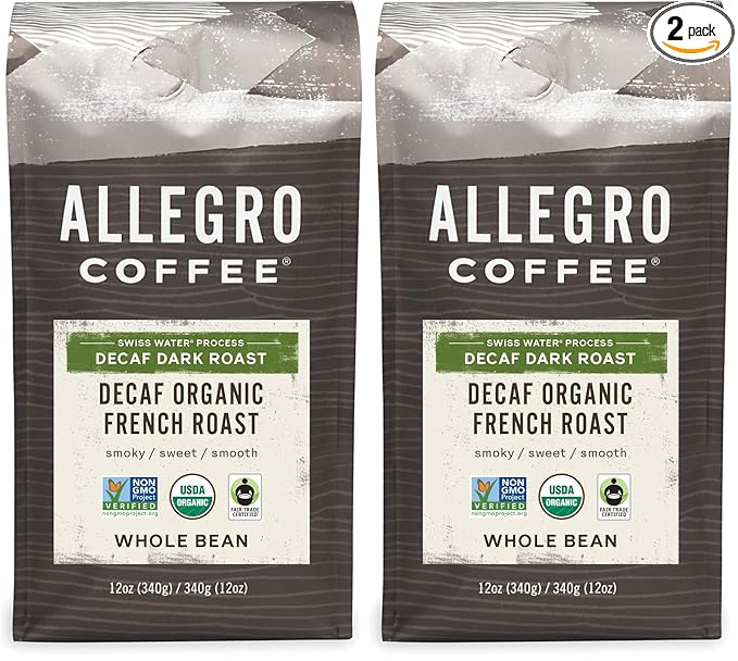 Allegro Coffee Decaf Organic French Roast Whole Bean Coffee, 12 Ounce (Pack of 2)
