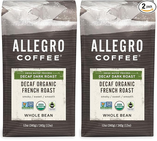 Allegro Coffee Decaf Organic French Roast Whole Bean Coffee, 12 Ounce (Pack of 2)