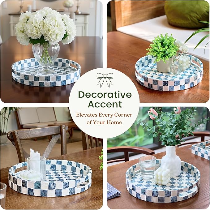 12.6 Inch Round Capiz Shell Decorative Tray with Handles, Serving Tray for Coffee Table & Ottoman, Coffee Table Trays for Living Room, Kitchen, Bathroom (Navy Blue)