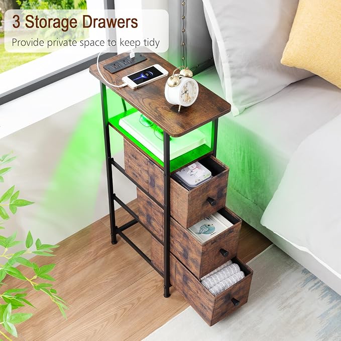 Narrow End Table Living Room with Charging Station, Skinny Side Table with Fabric Drawers, Slim LED Nightstand for Bedroom, Small Spaces, Couch, Rustic Brown, HETNDP03LPBR-1