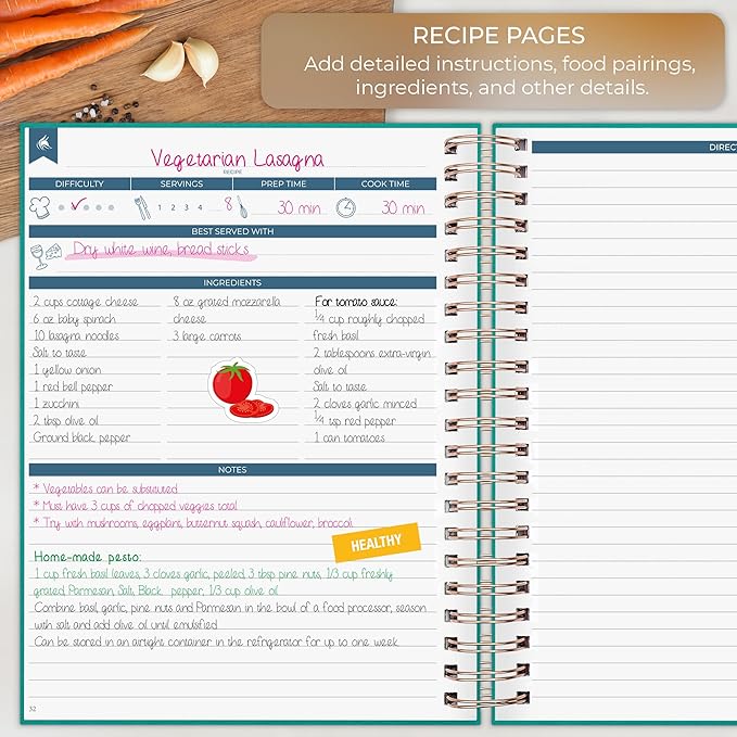 Clever Fox Recipe Book Spiral – Blank Family Cookbook – Empty Cooking Journal – Notebook Organizer to Write In Recipes – Large (Turquoise)