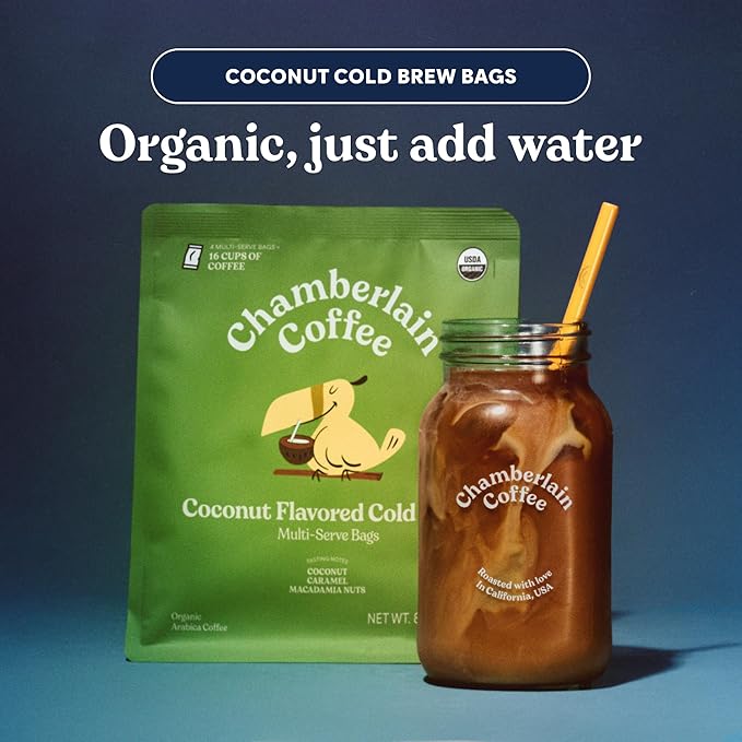 Chamberlain Coffee Coconut XL Cold Brew Bags – Premeasured, Ready to Brew Coffee Packs – Contains 4 XL Cold Brew Bags, Makes 4 Cups of Coffee Per Bag – 16 Servings