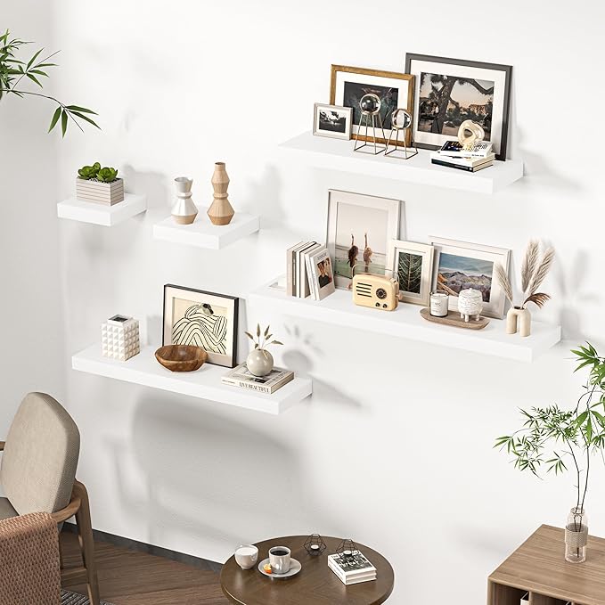 Square Floating Shelves for Wall, 7.5" W x 7.5" D x 1.4" H, Small Wooden Wall Mounted Display Shelf with Invisible Brackets for Living Room, Bathroom, Kitchen Decor, Set of 4, White