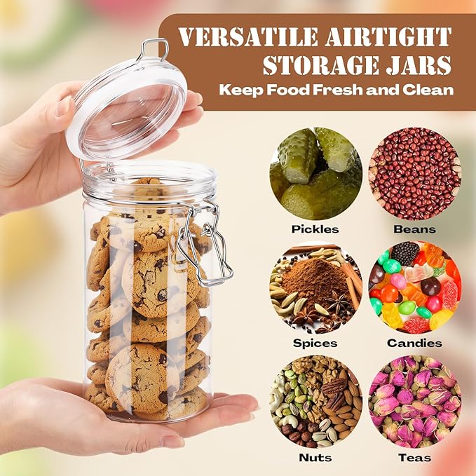 Suclain 6 Pcs 33 Oz/ 1000 ml Plastic Storage Jars with Airtight Hinged Lids, Clear Wide Mouth Food Storage Containers Empty Bottles Sealed Jars for Home Kitchen Candy Herbs Spices Coffee Nuts
