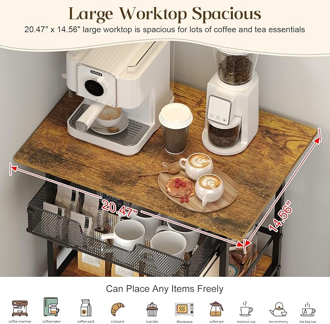 3 Tier Rolling Coffee Cart with 2-Door & Pull-Out Wire Basket Drawer, Movable Coffee Bar Cabinet on Lockable Casters, 32.7" H Microwave Cart with Storage for Home, Kitchen, Dining Room (Rustic Brown)