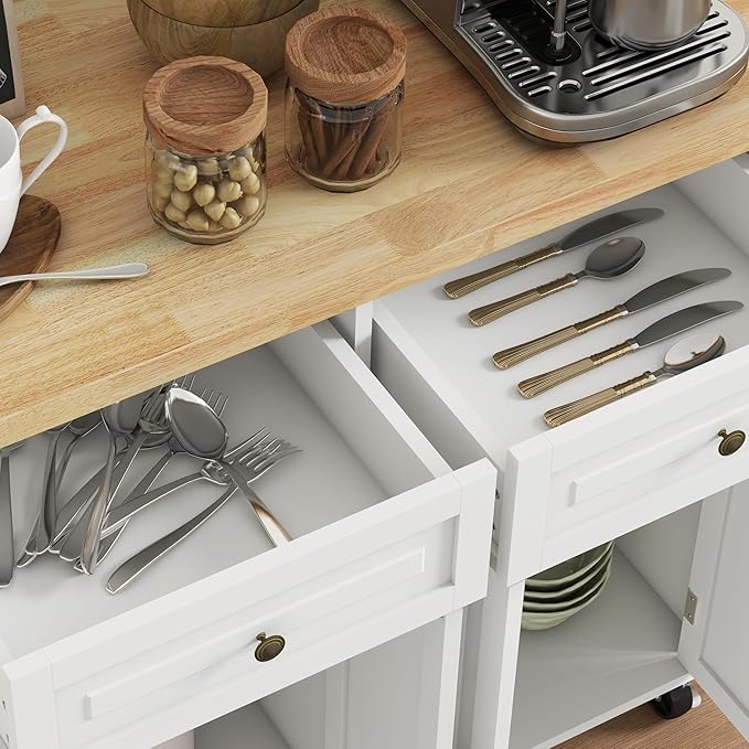 HOMCOM Kitchen Island Cart with Rubber Wood Top, Rolling Kitchen Island Table on Wheels with Drawers, Adjustable Shelves, Spice Rack and Towel Rack for Dining Room, Cream White