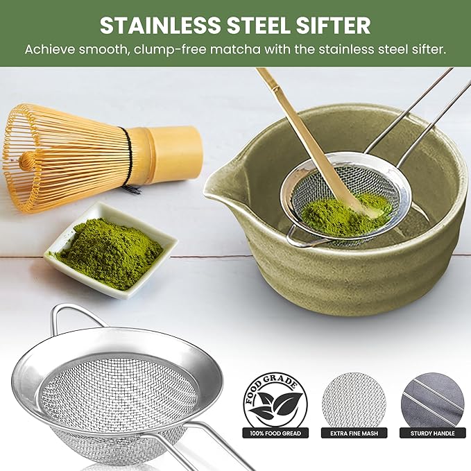 Matcha Whisk Set, 5 Pcs Matcha Kit, Premium Ceramic Matcha Set, Whisk and Bowl, Sifter, Cup Holder, Bamboo Scoop, Tea Plucking, Tea Towel, Matcha Lovers (Jade Green)
