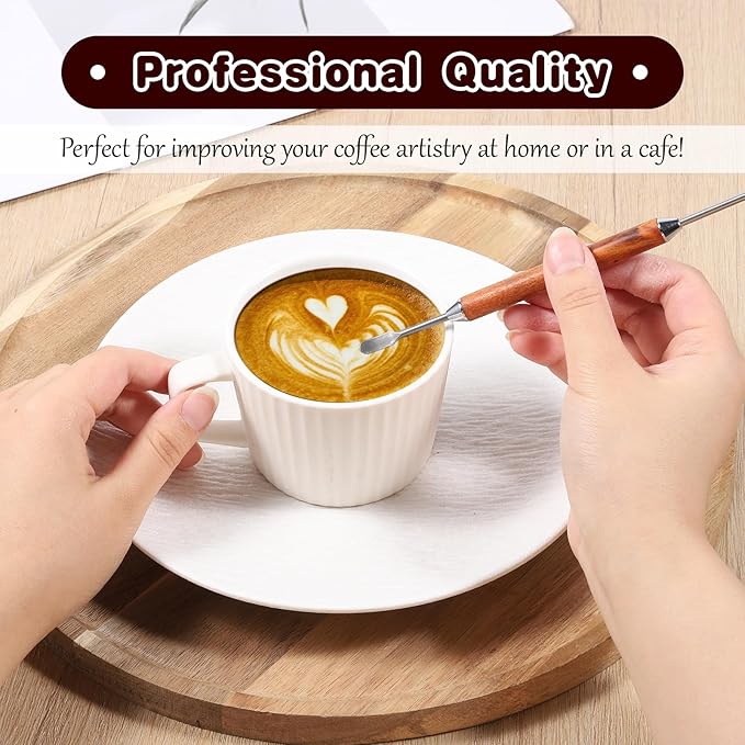 2 Pack Latte Art Pen, Stainless Steel Coffee Drawing Tool with Wood Handle, Barista Tools for Espresso Designs, Home and Cafe Use