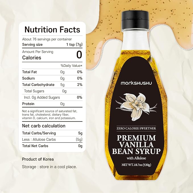 MONKSHUSHU Premium Vanilla Bean Allulose Syrup 18.7 Fl Oz - Natural Vanilla Flake inside, Keto Diet, Vegan, Diabetes-Safe, Zero Calorie Sugar Substitute, Gluten Free, 0g Net Carbs