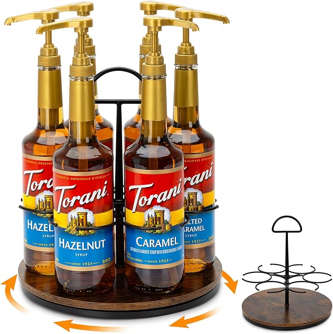 SUNNEKO Rotating Coffee Syrup Organizer Hold 6 Bottles, Wood Coffee Syrup Rack for Countertop, Large Bottle Holder Stand for Bar Station, Turntable Wine Display Tray (Black - 6 Bottles)