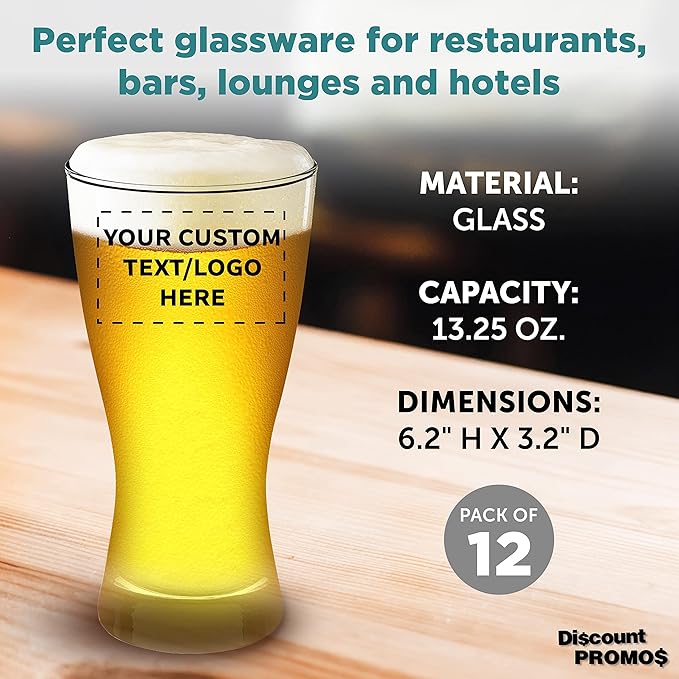 Custom Pilsner Glasses 13.25 oz. Set of 12, Personalized Bulk Pack - Made in the USA, Perfect for Hotels, Restaurants, Bars and Even Party Favors - Black