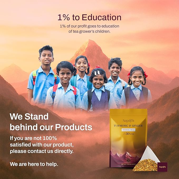Turmeric Ginger Herbal Tea 50 Count Pyramid Tea Bags From the Himalayas, Caffeine Free, Gluten Free, warm and spicy Taste, biodegradable Tea Bags