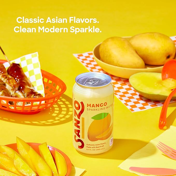 Sanzo Flavored Sparkling Water - Mango Seltzer - Low Calorie Low Sugar - Craft Asian Drinks - Vegan Gluten Free Carbonated Flavored Water - Fizzy Bubbly Healthy Drinks - 12oz, 12 Pack