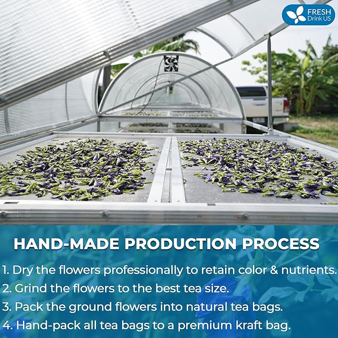 FreshDrinkUS, 100 Premium Butterfly Pea Flower Tea Bags – 100% Pure & Natural | Caffeine-Free Herbal Blue Tea | No Additives, Non-GMO, Made With Natural Material Tea Bag, No Sugar, No Caffeine, No Gluten, Vegan