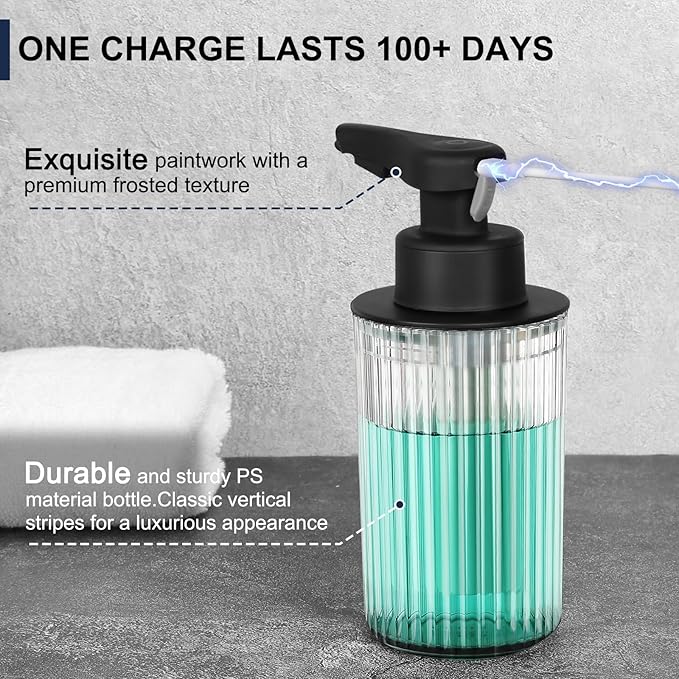 Automatic Soap Dispenser Foaming Touchless: 9oz Black Acrylic - Rechargeable Electric Smart Auto Foam Soap Dispenser - Hand Dish Bathroom Kitchen