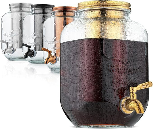 BTaT- 1 Gallon Cold Brew Coffee Maker, Thick Glass Pitcher with Stainless Steel Filter, Lid & Spigot, Iced Coffee & Sun Tea Brewer, Large Mason Jar Cold Brew Container, Fast Iced Tea Maker for Fridge
