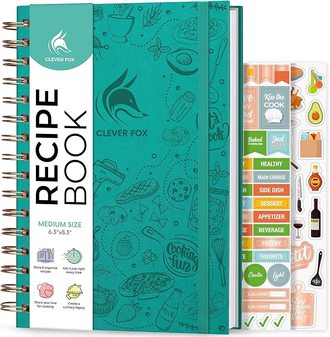 Clever Fox Recipe Book Spiral – Make Your Own Family Cookbook – Blank Recipe Notebook Organizer – Empty Cooking Journal to Write In Recipes – Medium Size, 6.3”x8.3”, Hardcover (Turquoise)