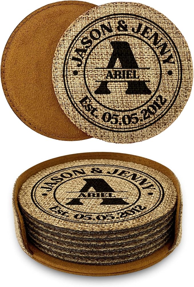 Smile Art Design Family Monogram Custom Coaster Set of 6 with Base Round Burlap Material Family Name Personalized Prints Personalized Gifts Housewarming Wedding Gift Rustic Home Decor Style2