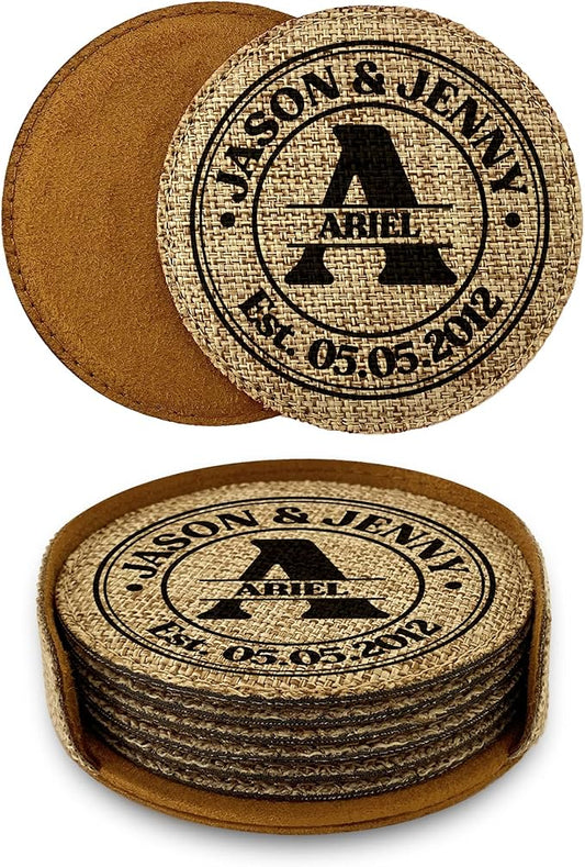Smile Art Design Family Monogram Custom Coaster Set of 6 with Base Round Burlap Material Family Name Personalized Prints Personalized Gifts Housewarming Wedding Gift Rustic Home Decor Style2