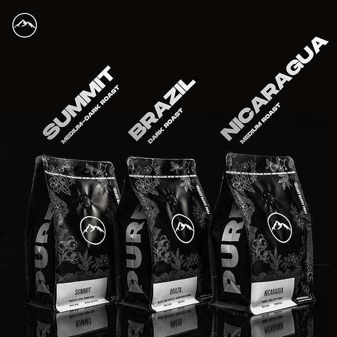 PURE EARTH COFFEE CO. Whole Bean Coffee, Summit Signature Blend, Medium Espresso Roast, Dark Chocolate, Berry, Creamy Brown Sugar 12oz