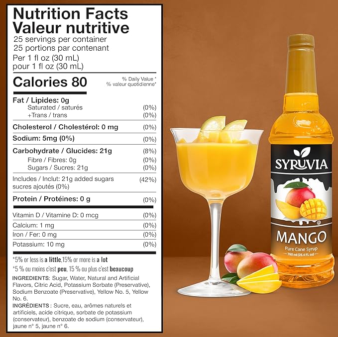Syruvia Mango Syrup, Flavored Syrup for Drinks, Cocktails, Lemonades, Iced Teas, and Desserts – 25.4 fl oz