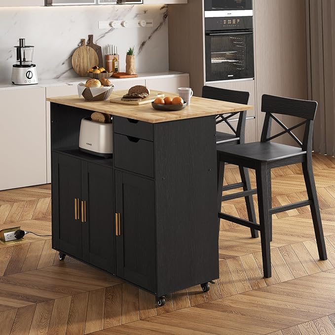 Rolling Mobile Kitchen Island Cart with Desktop Drop Leaf Countertop, Island Table Storage with 5 Wheels, Rolling Kitchen Cabinet with Power Socket (Black, Model 2)