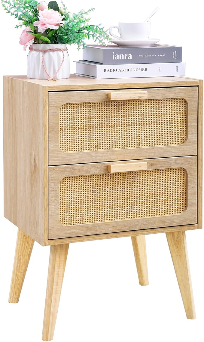 Small Rattan Nightstand,Boho Bedside with Storage,End Table,Side Table with 2 Hand Made Rattan Decorated Drawers for Small Space,Livingroom,Bedroom,Natural 11.8" D x 16" W x 22.4" H CTG59Y