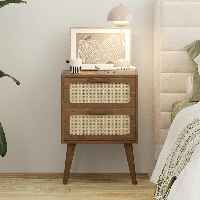 Rattan Nightstand Set of 2,Mid Century Modern Bedside with Drawers,End Table, Side Table with 2 Hand Made Rattan Decorated Drawers for Livingroom,Bedroom,Caramel Oak CTG59BR-2