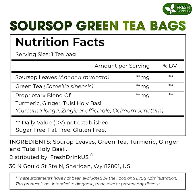 FreshDrinkUS, Premium 40 Tea Bags Soursop Green Tea, 100% Natural & Proprietary Blend from Soursop Leaves and Green Tea. Smooth Flavor. Made with Eco-Conscious Tea Bags. No Additives No Sugar, Vegan.