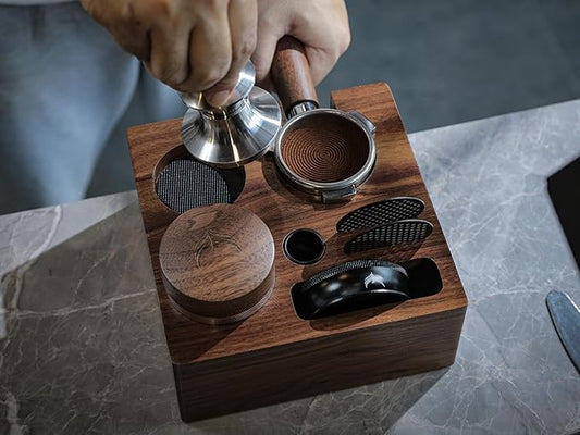 58mm Tamper Station V3 Walnut Portafilter Holder Compact Espresso Organizer with Multi Accessory Storage Espresso Machine Accessories for Coffee Bar