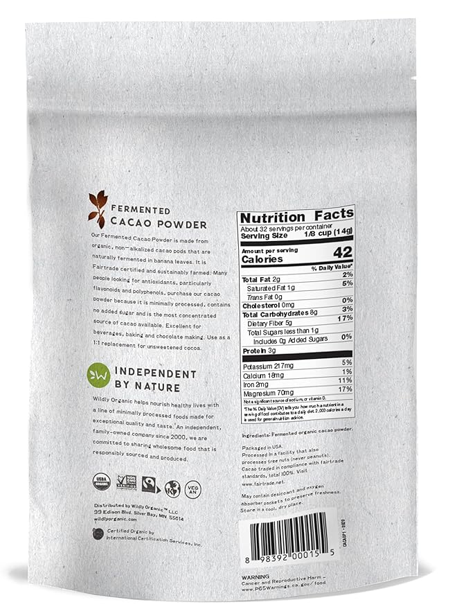 Wildly Organic Fermented Cacao Powder 2-Pack 16 Oz, 1 lb Bags - Organic, Non-Alkalized, High in Antioxidants, Raw, Unprocessed, Fair Trade, Non-GMO, Kosher, Vegan, Premium Rich Chocolate Flavor - Perfect for Skin, Smoothies, Yogurt, Oatmeal, Chocolate,...