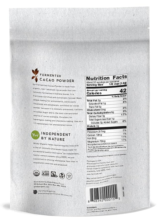 Wildly Organic Fermented Cacao Powder 2-Pack 16 Oz, 1 lb Bags - Organic, Non-Alkalized, High in Antioxidants, Raw, Unprocessed, Fair Trade, Non-GMO, Kosher, Vegan, Premium Rich Chocolate Flavor - Perfect for Skin, Smoothies, Yogurt, Oatmeal, Chocolate,...