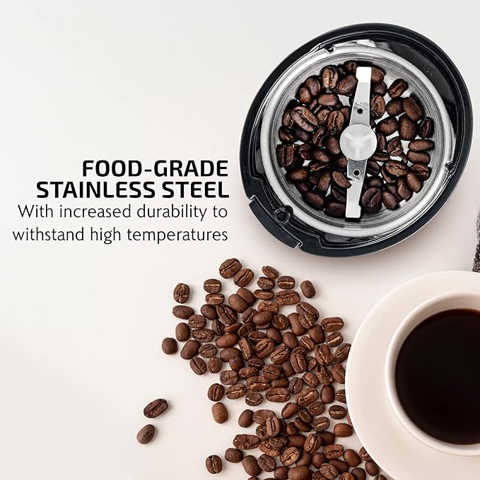 OVENTE Electric Coffee Grinder, Coffee Mill and Spice Grinder with 2.5oz Capacity, 150W Motor, One Touch Push-Button & Stainless Steel Blades for Uniform Grinding of Beans, Herb or Nuts, Black CG225B
