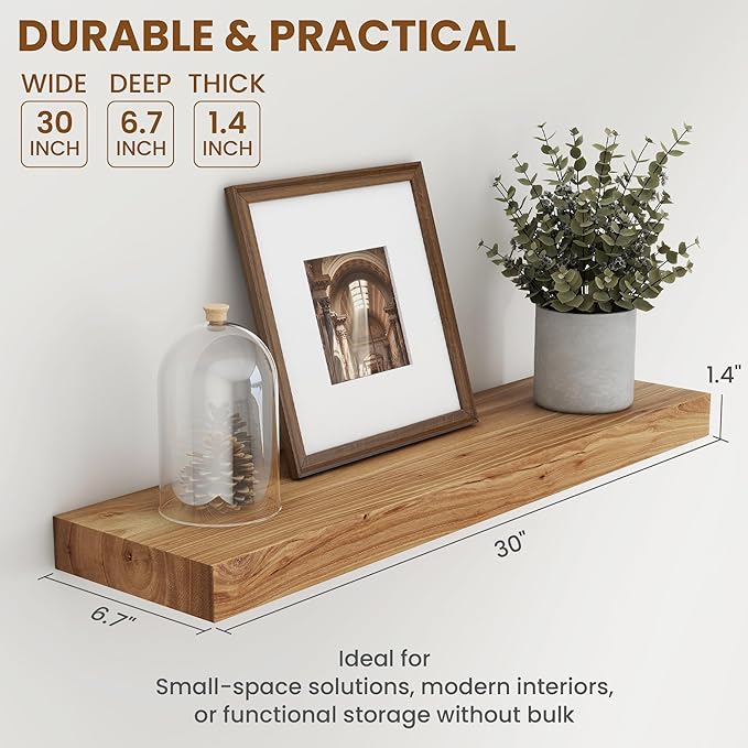 30 Inch Floating Shelves Set of 2, Rustic Solid Elm Wood Floating Shelf for Farmhouse, Living Room, Bedroom, Wall Mounted Bathroom Shelves Heavy-Duty Wall Shelf with Invisible Bracket, Natural