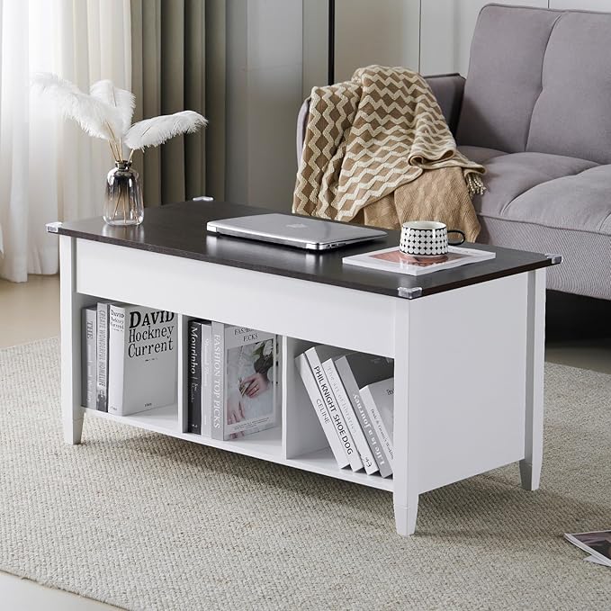 VINGLI Farmhouse Lift Top Coffee Table, Rustic Grey with Storage Shelf/Hidden Compartment, Mesa De Centro para Sala, Rustic Brown (White Brown, 40" L)