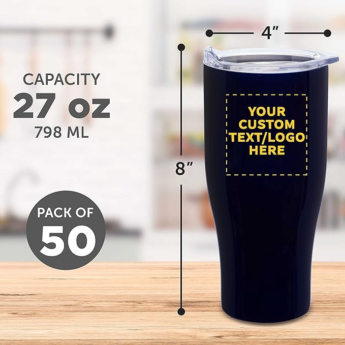 DISCOUNT PROMOS 50 Stainless Steel Grip Travel Mugs Set, 27 oz. - Customizable Text, Logo - Vacuum Insulated, Plastic Lid - Blue